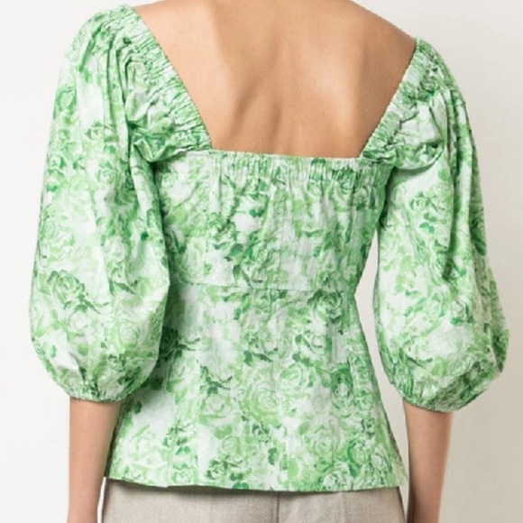 Ganni Green Floral Puff Sleeve Poplin Top - Picture 3 of 7